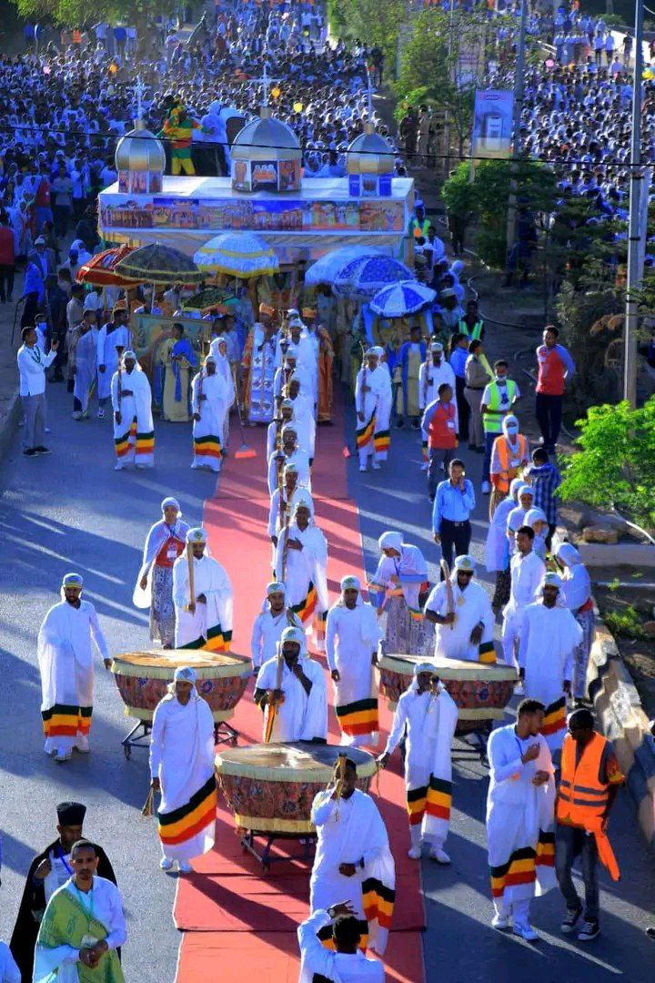 Clergy with drums lead a Timket procession